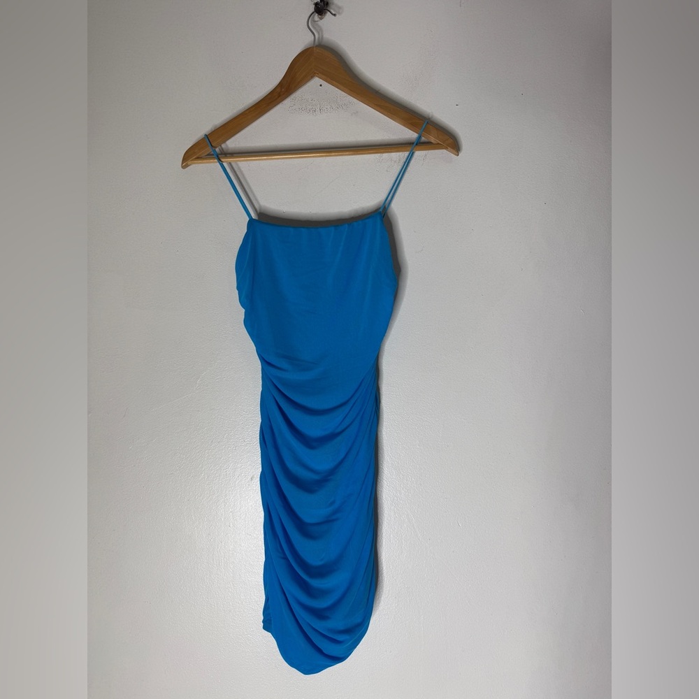 NWT Hello Molly Bodycon Mini Dress Cut Out Back Ruched Sides Bright Blue Size 6